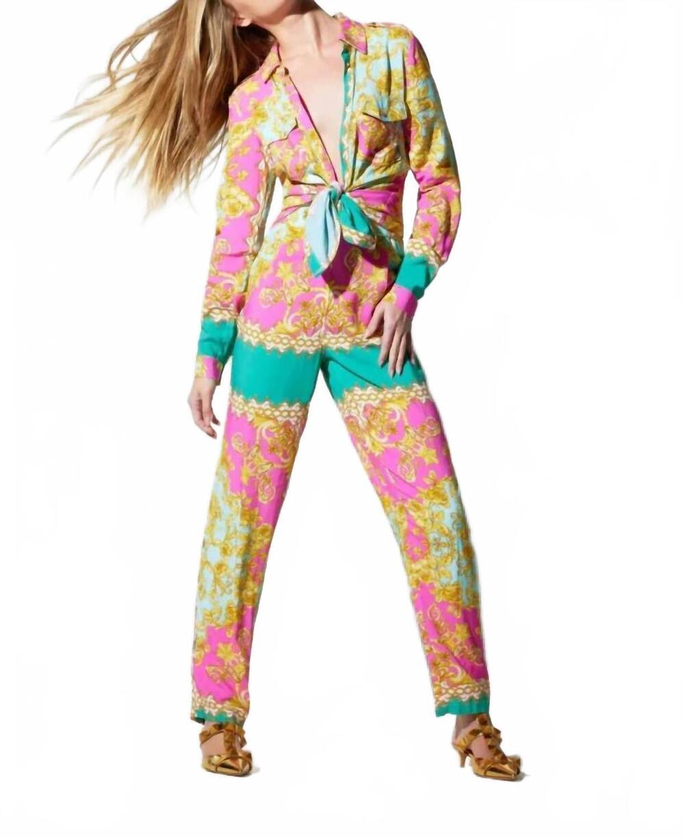NEW OOH! LA, LA! COUTURE chains flowers boyfriend shirt in turquoise